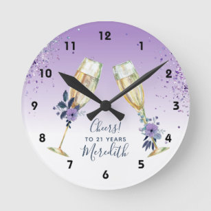 Lavender Ombre Teal Champagne Toast 21st Birthday Round Clock