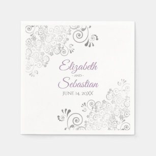 Lavender on White & Silver Frills Elegant Wedding Napkin