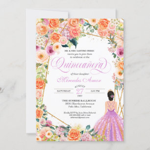 Lavender Orange Peach Floral Roses Quinceanera Invitation