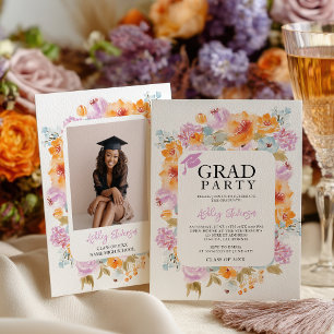 Lavender Orange Wildflower Photo Graduation Invitation