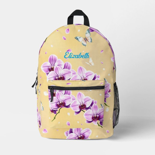 Lavender Orchid & Butterfly Personalized Backpack (Front)