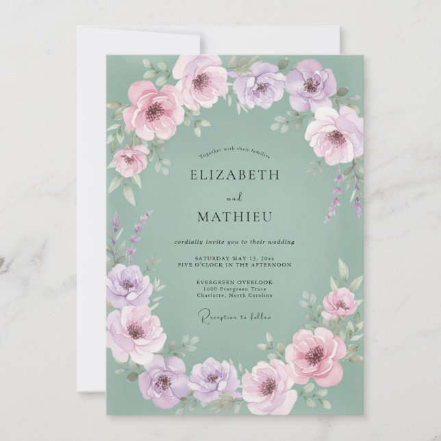 Lavender Pale Green Floral Wedding Invitation (Front)