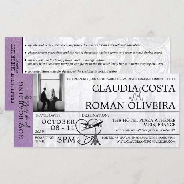 Lavender Paris Wedding Boarding Pass Invitation (Front/Back)