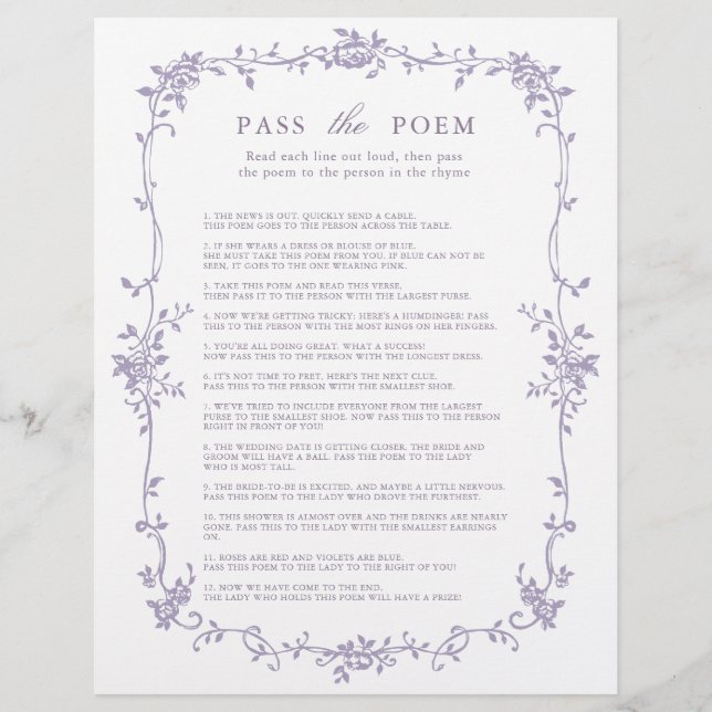Lavender 'Pass the Poem' Bridal Shower Game (Front)
