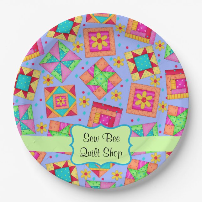 Lavender Patchwork Quilt Block Name Happy Birthday Paper Plate (Front)