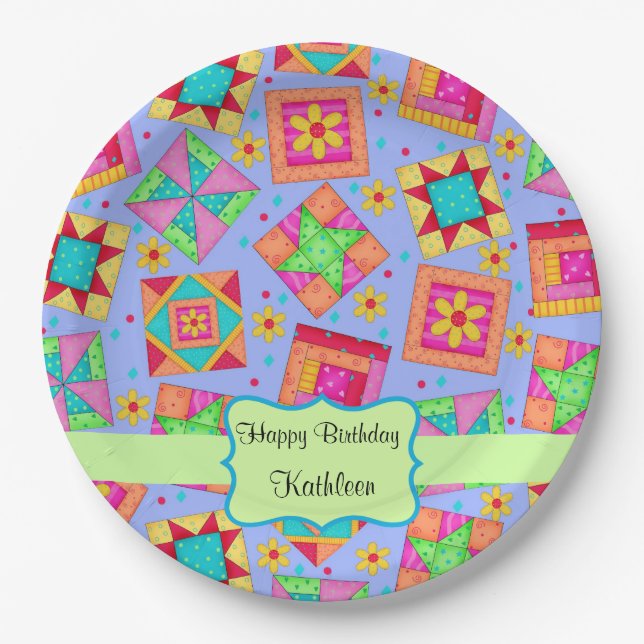 Lavender Patchwork Quilt Block Name Happy Birthday Paper Plate (Front)