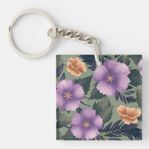 Lavender & Peach Flowers on Olive Green Background Keychain