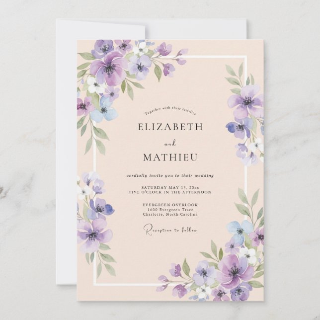 Lavender Peach Leaf Wedding Invitation (Front)