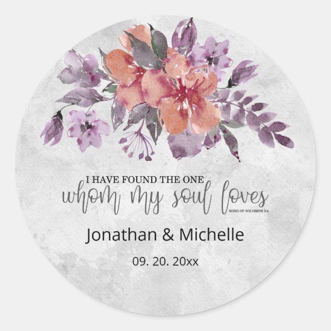 Lavender Peach Silver Floral Bible Verse Wedding Classic Round Sticker (Front)