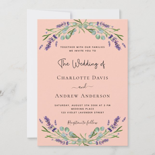 Lavender peach violet florals greenery wedding  invitation (Front)