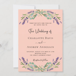 Lavender peach violet florals greenery wedding invitation