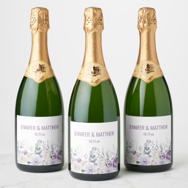 Lavender Peonies and White Roses Wedding Favour Sparkling Wine Label (Bottles)