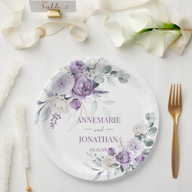 Lavender Peonies, White Roses Floral Wedding Paper Plate (Creator Uploaded)