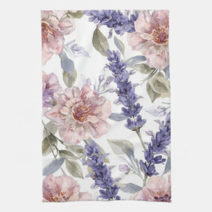 Lavender Peony Watercolor Floral Garden Kitchen Towel