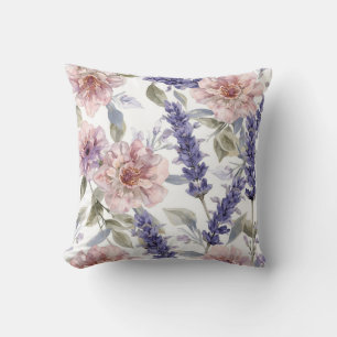 Lavender Peony Watercolor Floral Garden  Throw Pillow
