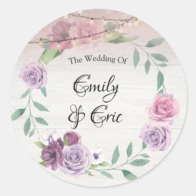 Lavender Peony Wood String Of Lights  Wedding Classic Round Sticker (Front)