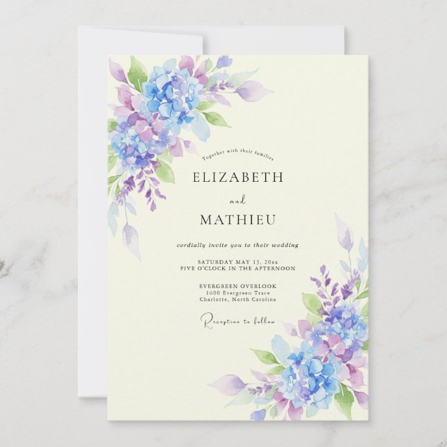 Lavender Periwinkle Hydrangea Eucalyptus Wedding Invitation (Front)