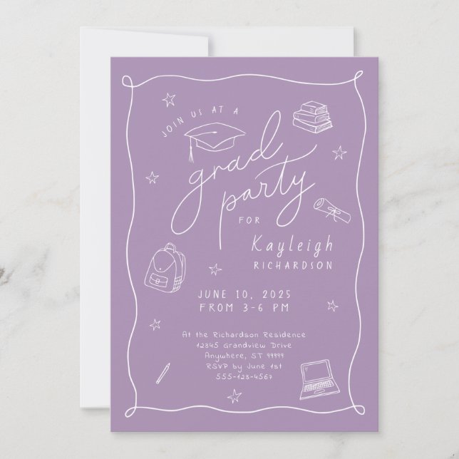 Lavender Photo Hand Drawn Grad Party Invitation (Front)