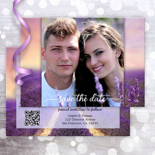 Lavender Photo QR Code Save the Date Card (Save the Date card featuring your own custom photo on a lavender flower field design)