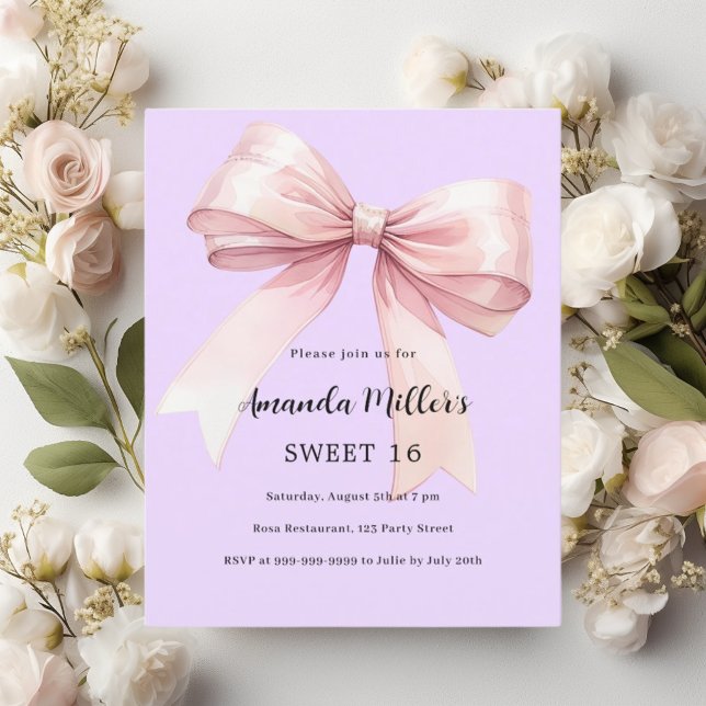 Lavender pink bow Sweet 16 invitation (Creator Uploaded)