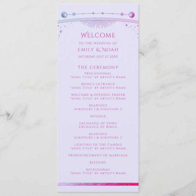 Lavender Pink Celestial Wedding Ceremony Program (Front)