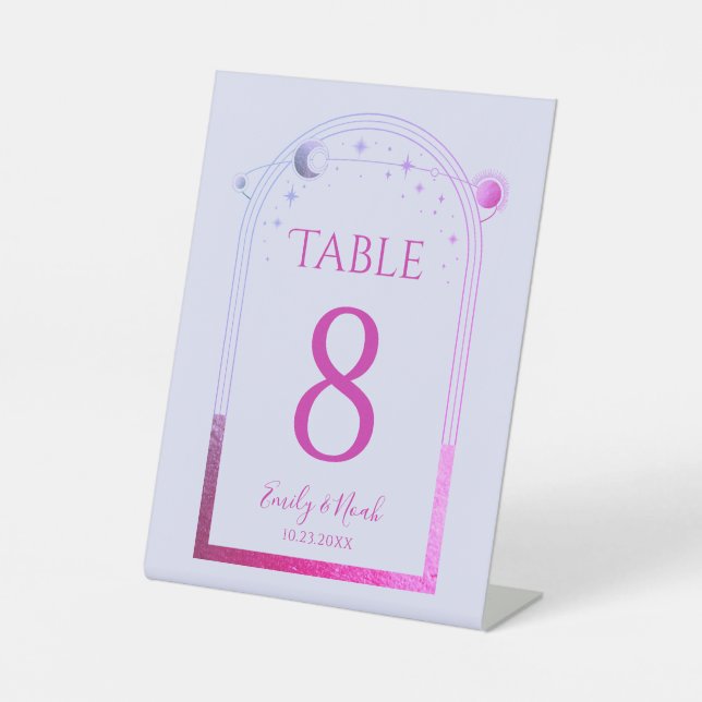 Lavender Pink Celestial Wedding Table Number Pedestal Sign (Front)