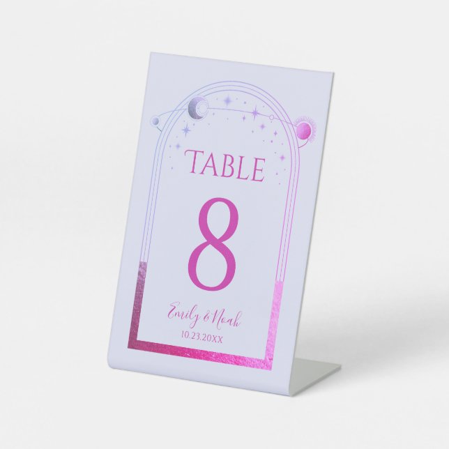 Lavender Pink Celestial Wedding Table Number Pedestal Sign (Front)