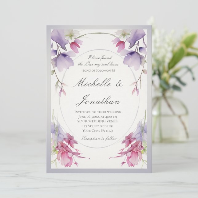 Lavender Pink Flowers Bible Christian Wedding Invitation (Standing Front)