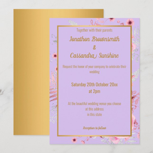 LAVENDER PINK GOLD FLORAL WEDDING GOLD INVITATION (Front/Back)