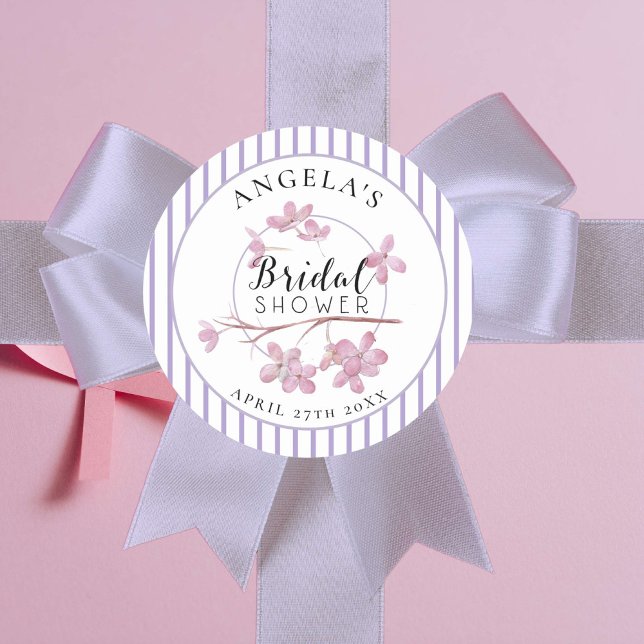 Lavender Pink Lilac Stripes Bridal Shower  Classic Round Sticker (French style stripes in lovely lavender and cool pink. Feminine and stylish bridal shower sticker.)