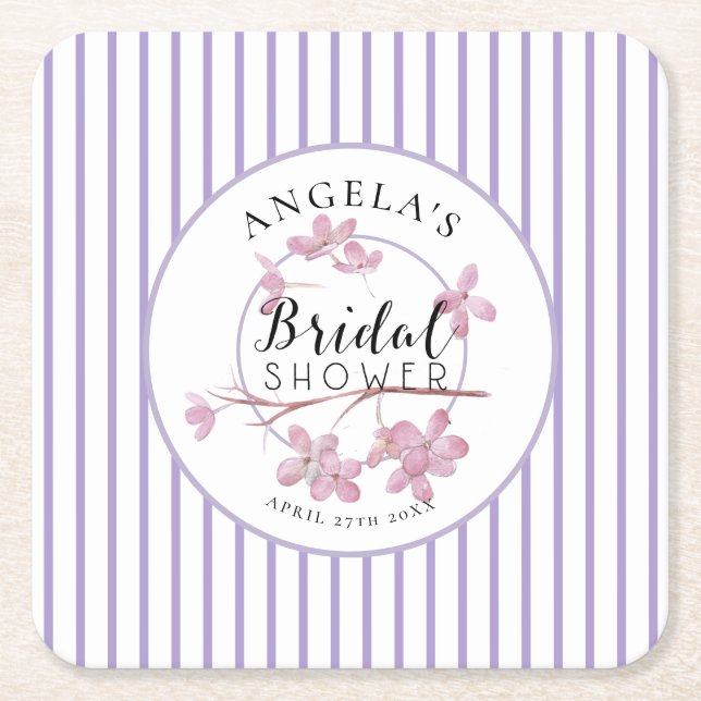 Lavender Pink Lilac Stripes Bridal Shower  Square Paper Coaster (Front)