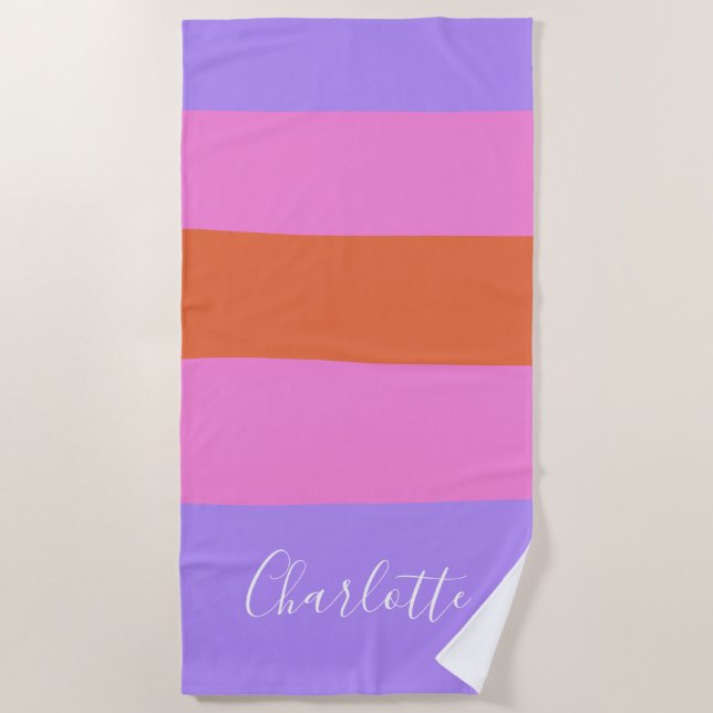 Lavender Pink Orange Wide Stripes Personalized Beach Towel (Front)