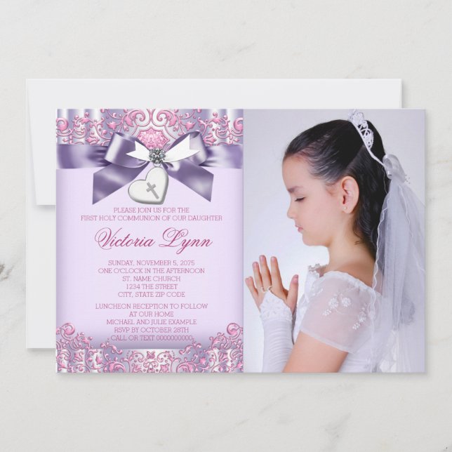 Lavender Pink Photo First Communion Invitation (Front)