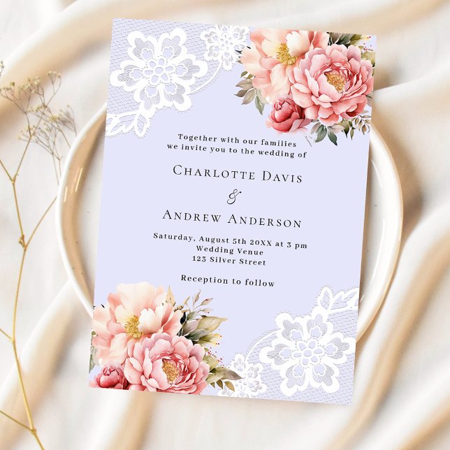 Lavender pink rose gold florals lace wedding invitation (Creator Uploaded)