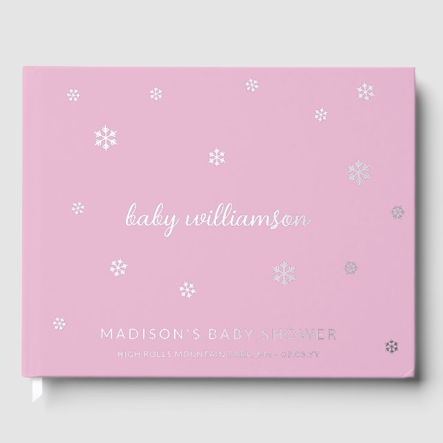 Lavender Pink Snowflakes Girl Winter Baby Shower Guest Book (Front)