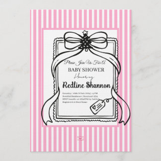 Lavender Pink Striped Bow Baby Shower  Invitation
