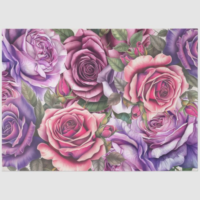 Lavender Pink Violet Roses Decoupage Tissue Paper (Front)