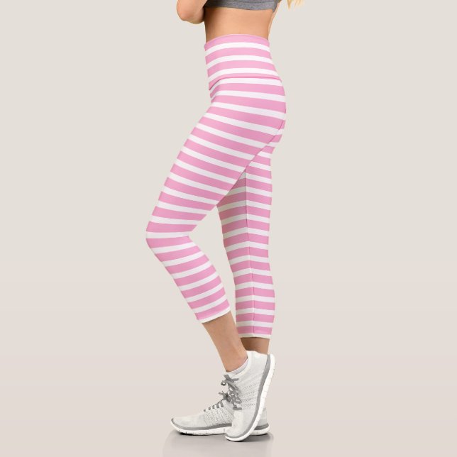 Lavender Pink White Simple Horizontal Striped Capri Leggings (Left)