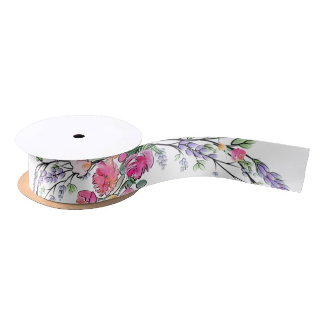 Lavender Pink Wild Rose and Eucalyptus Satin Ribbon (Spool)