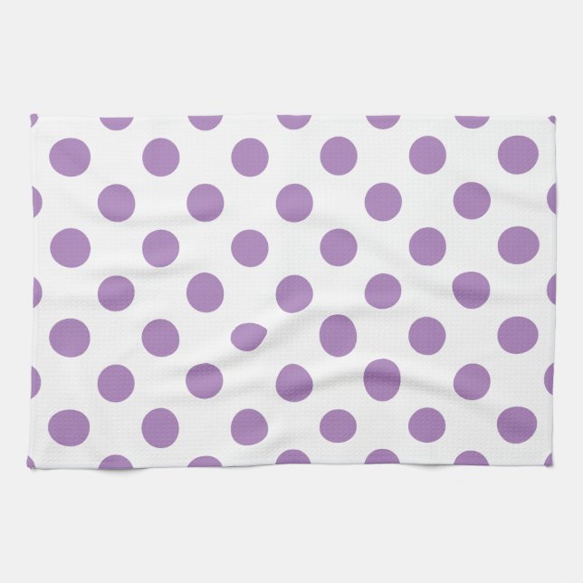 Lavender polka dots on white kitchen towel (Horizontal)