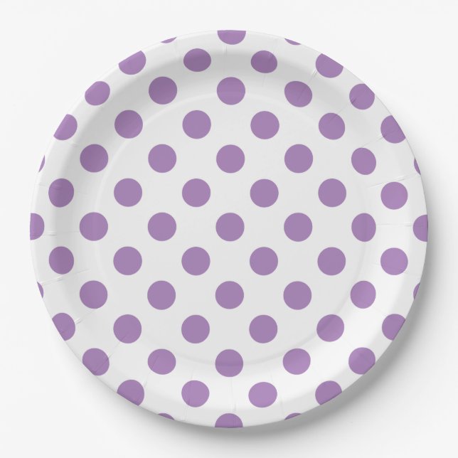 Lavender polka dots on white paper plate (Front)
