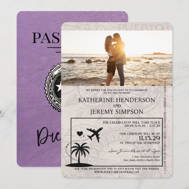 Lavender Puerto Rico Passport Wedding Invitation (Front/Back)