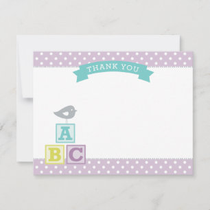 Lavender Purple ABC Blocks Bird Baby Girl Thank You Card
