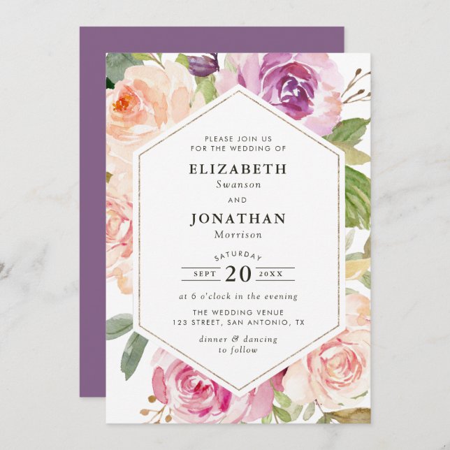 lavender purple and blush floral wedding invitation (Front/Back)