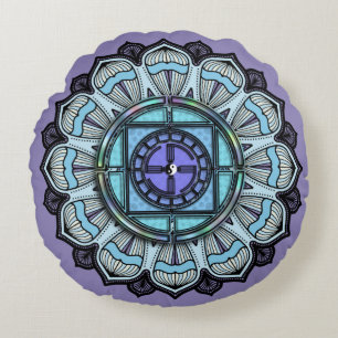 Lavender Purple Aqua Blue Mandala Vintage Boho Round Pillow