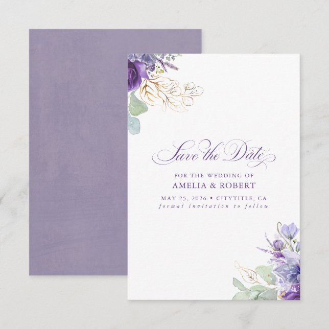 Lavender Purple Botanical Elegant Save the Date (Front/Back)