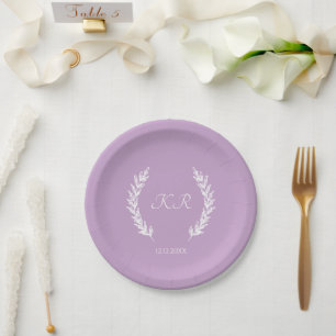 Lavender Purple Botanical Floral Monogram Wedding  Paper Plate