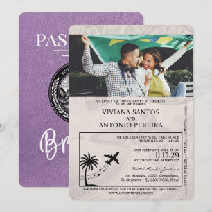 Lavender Purple Brazil Passport Wedding Invitation