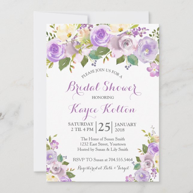 Lavender Purple bridal shower invitation (Front)