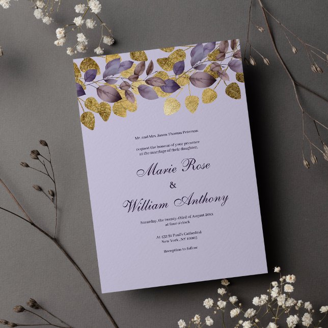 Lavender purple brown gold foliage floral Wedding  Invitation (Lavender purple brown gold foliage floral Wedding Invitation)